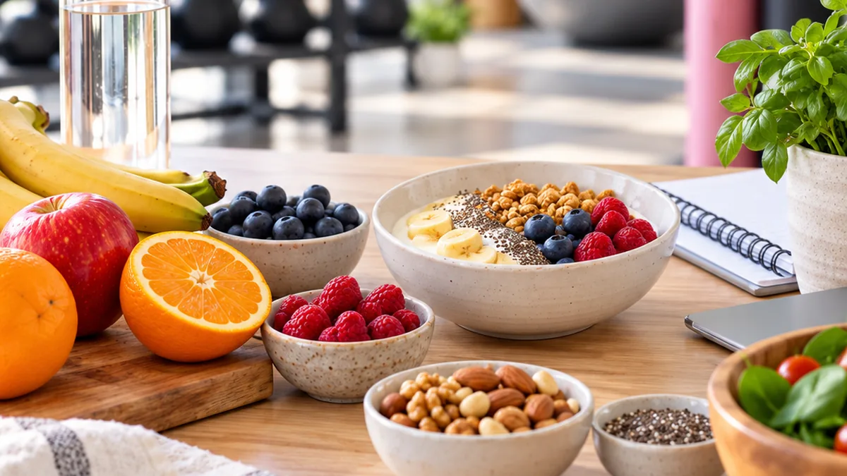 Colazione sana con frutta, yogurt e frutta secca in una palestra luminosa