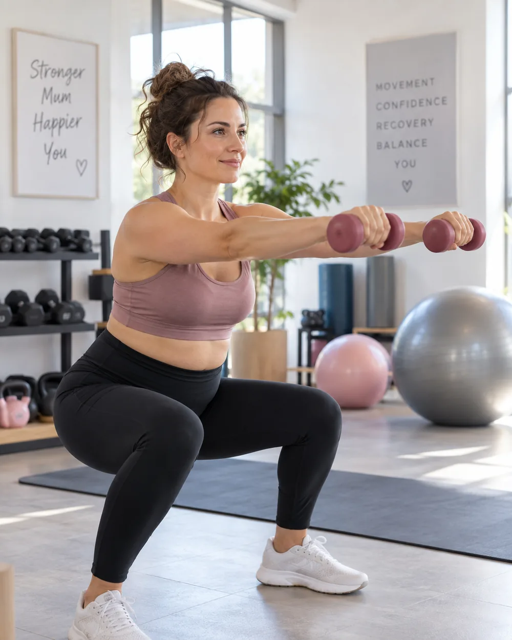 Donna in squat con piccoli manubri in una palestra luminosa
